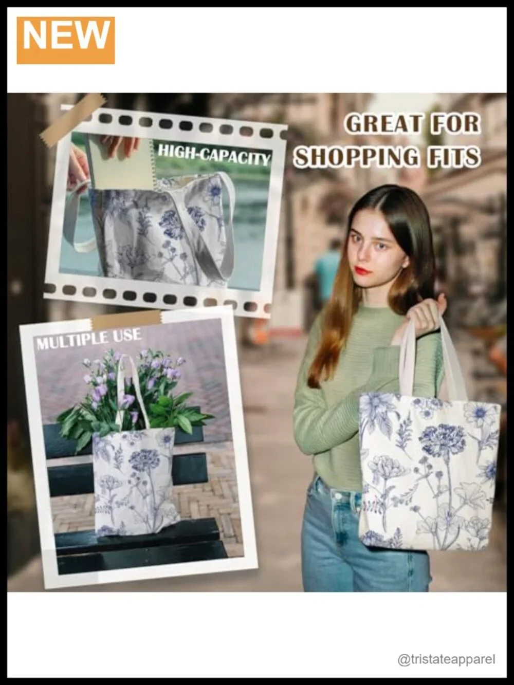Floral Printed Canvas Tote Bag Reusable Grocery Shopping Bag